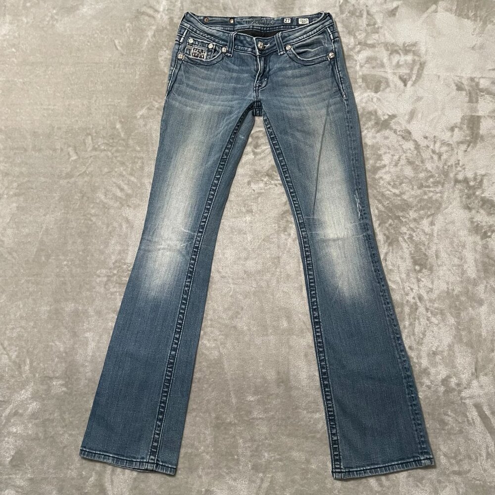 Miss Me Boot Cut Jeans with Embellished Back Pockets - Light Blue Denim - Picture 5 of 14